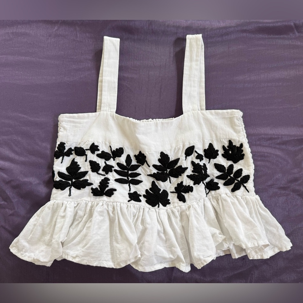 Carolina K linen blend leaf embroidered peplum cropped sleeveless top